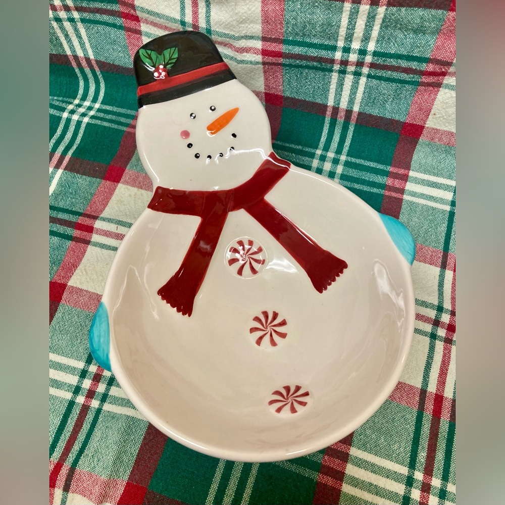 Festive Snowman Holiday Snack Bowl - White and Red 9” x 7”